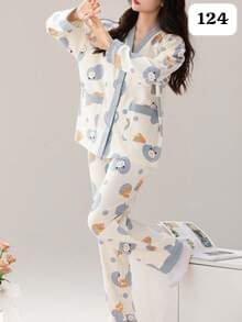 Grey Cute Cartoon V-Neck Button Printed Night Suit
