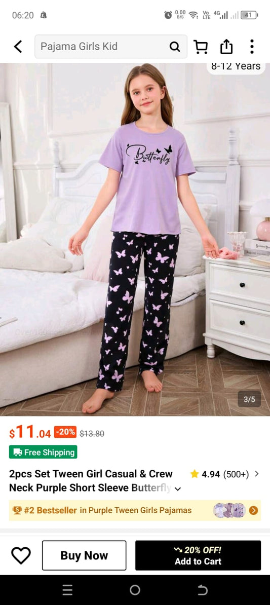 Purple Half Sleeve Butterfly Printed Night Suit (7-16 Years)
