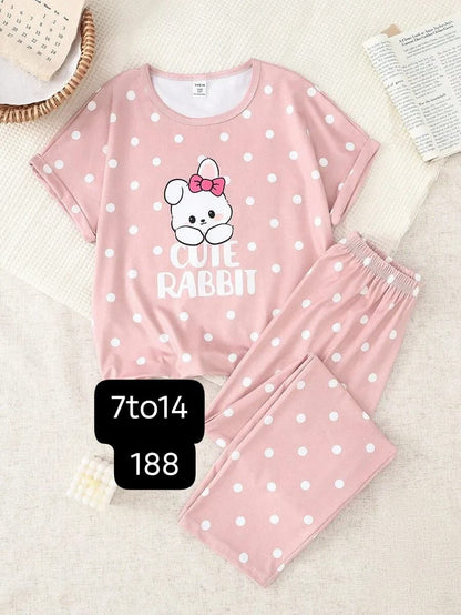 Pink Cute Rabbit Printed Half Sleeve Night Suit (7-16 Years)