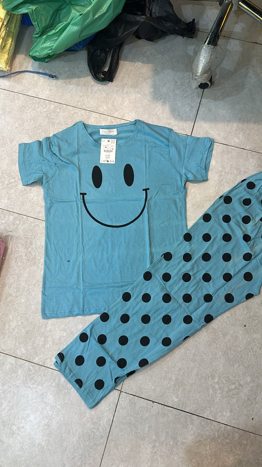 Sky Blue Smiley Printed Night Suit