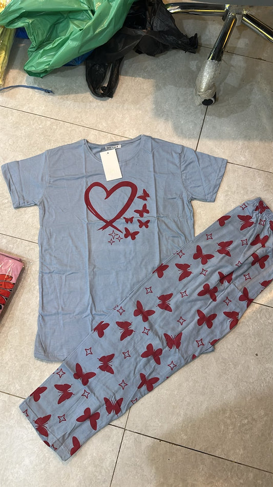 Steel Blue Heart and Butterfly Printed Night Suit
