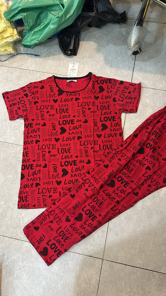 Red Biege Love Printed Night Suit