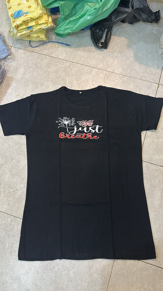 Just Breath Printed Black Long T Shirt