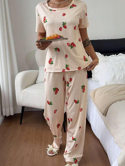 Pink Strawberry Printed Night Suit