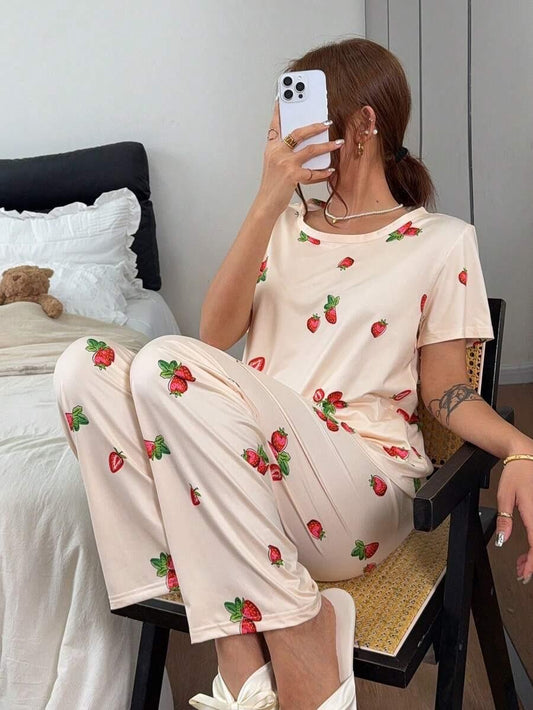 Pink Strawberry Printed Night Suit