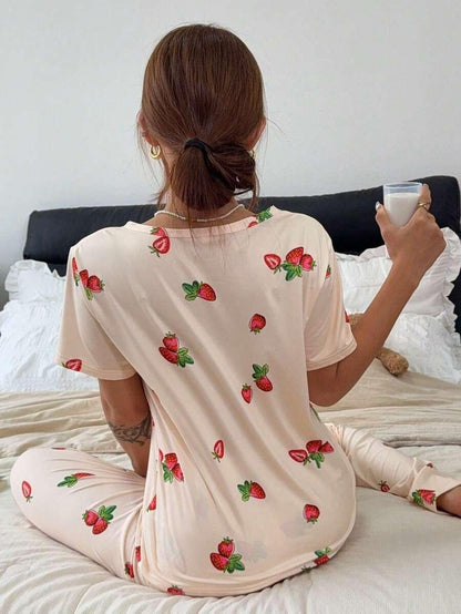 Pink Strawberry Printed Night Suit