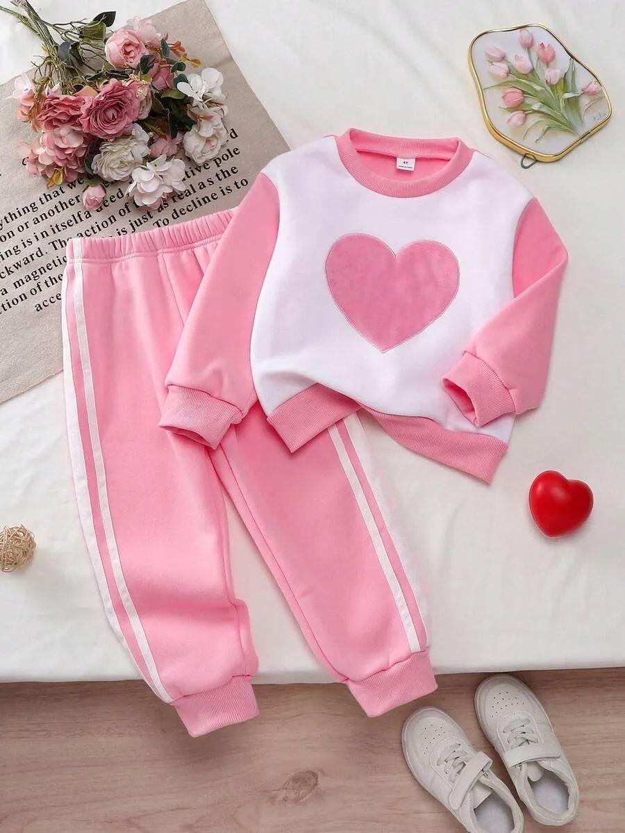 Pink Heart Printed Kids Winter Suit