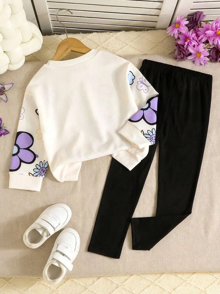 Purple Flowers & Heart Printed Kids Winter Suit