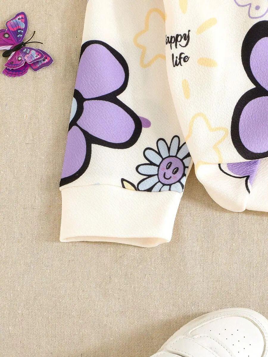Purple Flowers & Heart Printed Kids Winter Suit