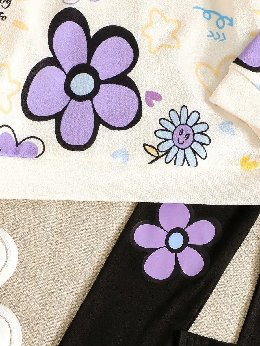 Purple Flowers & Heart Printed Kids Winter Suit
