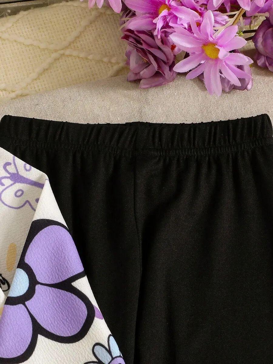 Purple Flowers & Heart Printed Kids Winter Suit