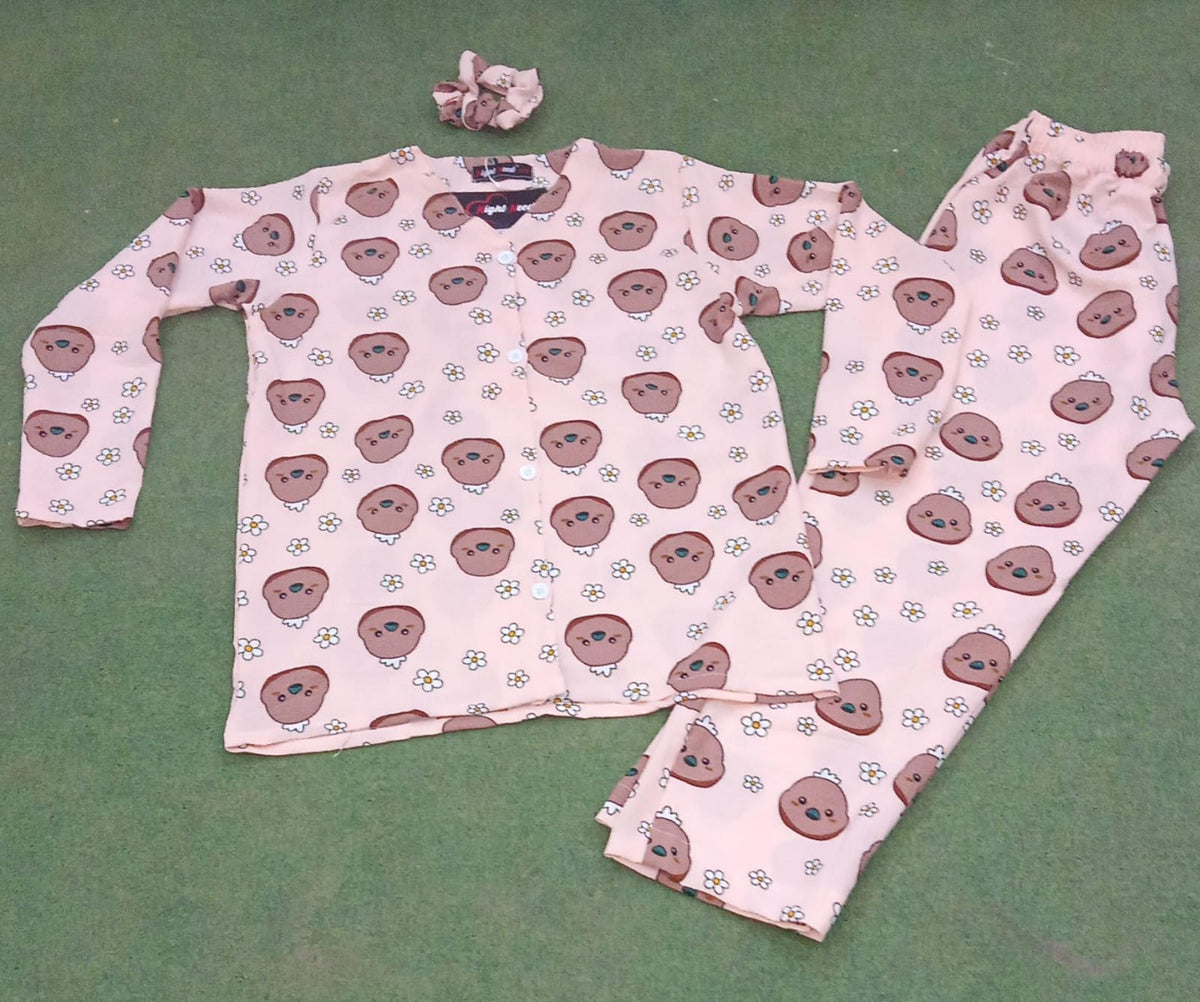 Cartoon Bear Face Printed Knitted Night Suit
