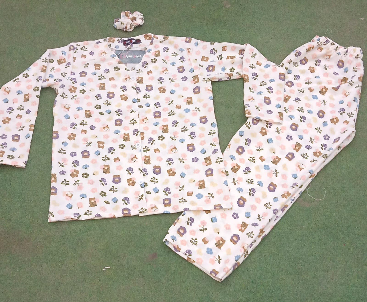 Floral & Bear Printed Knitted Night Suit