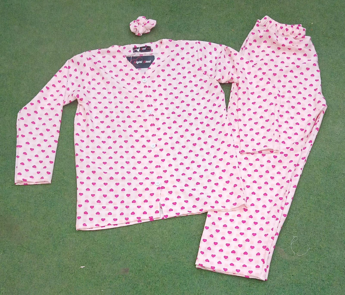 Pink Heart Printed Knitted Night Suit
