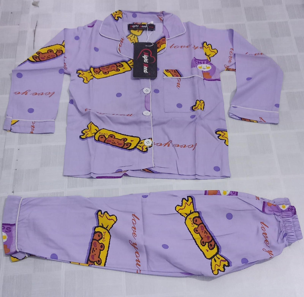 Kids Imported Premium Linen Printed Purple Candy Pj Set - PL3