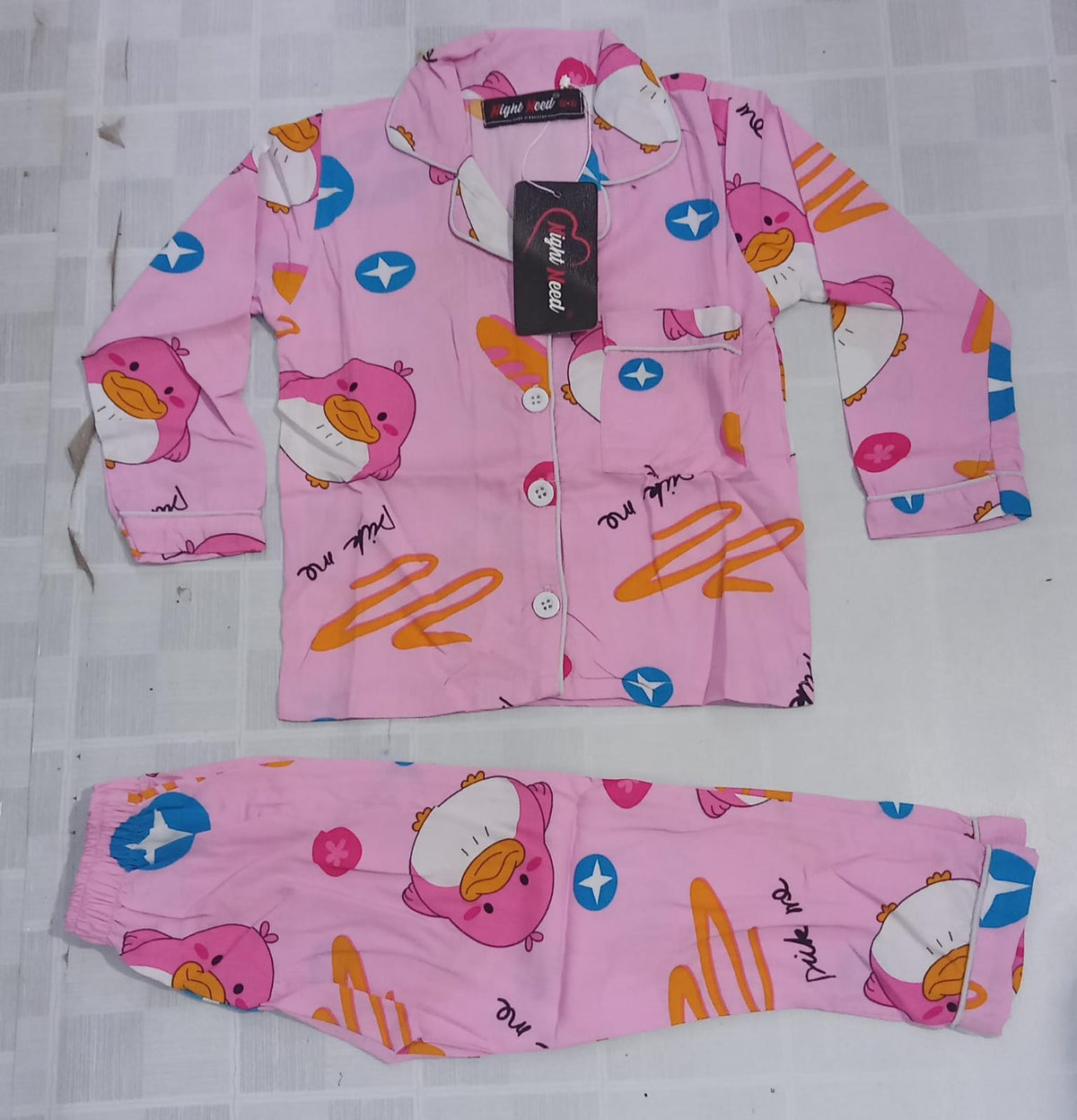 Kids Imported Premium Linen Printed Pink duck Pj Set - PL2