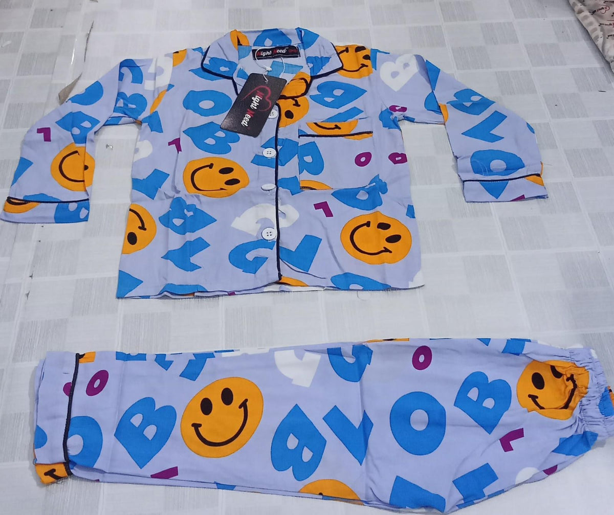 Kids Imported Premium Linen Printed Smiley Face Pj Set - PL4