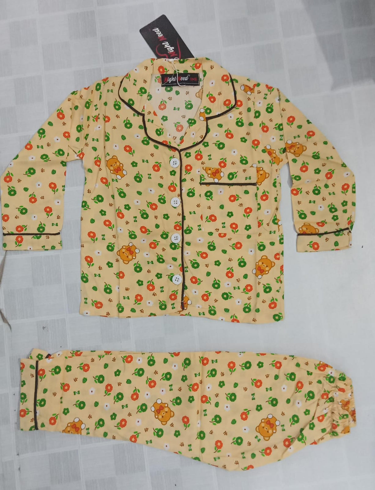 Kids Imported Premium Linen Printed Yellow & Cream Flowers Pj Set - PL6
