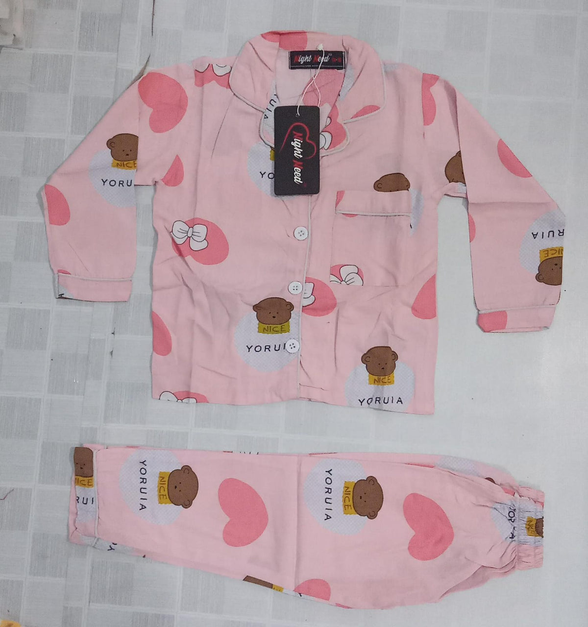 Kids Imported Premium Linen Printed Pink Hearts & Bows Pj Set - PL8