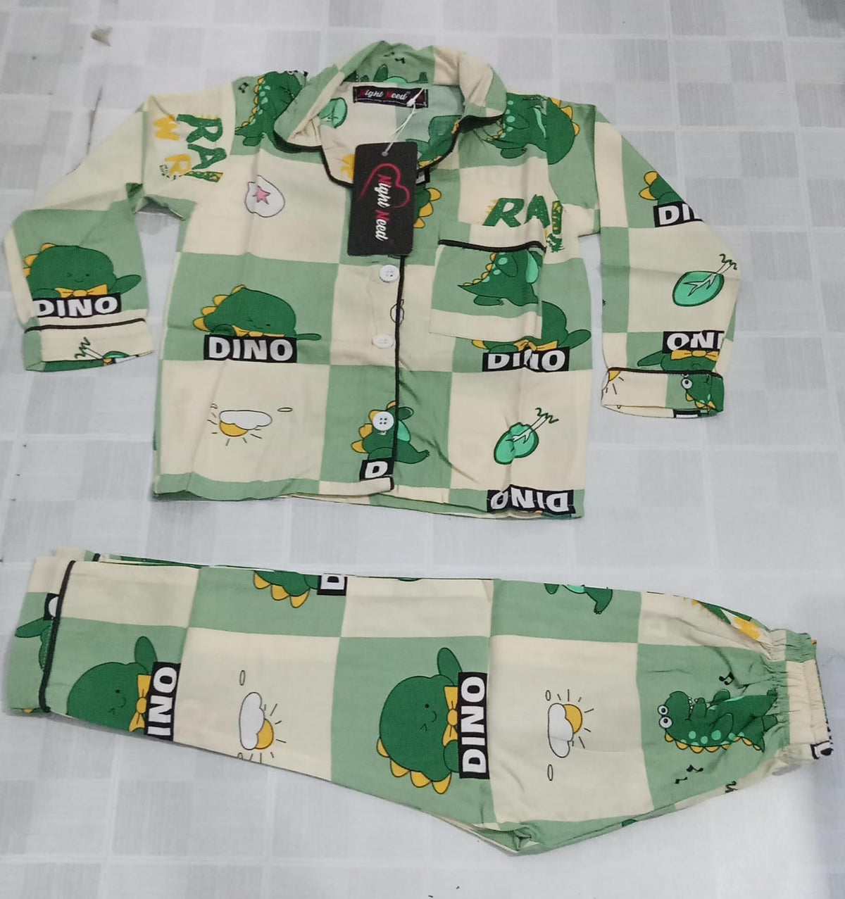 Kids Imported Premium Linen Printed Green Dino Pj Set - PL9