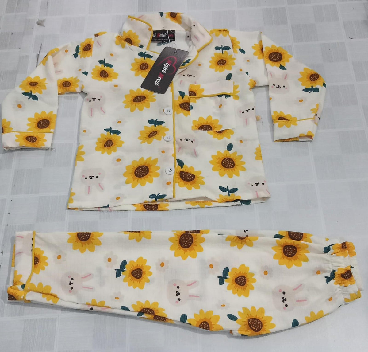 Kids Yellow Sunflower Printed Crinkled Cotton Night Suit