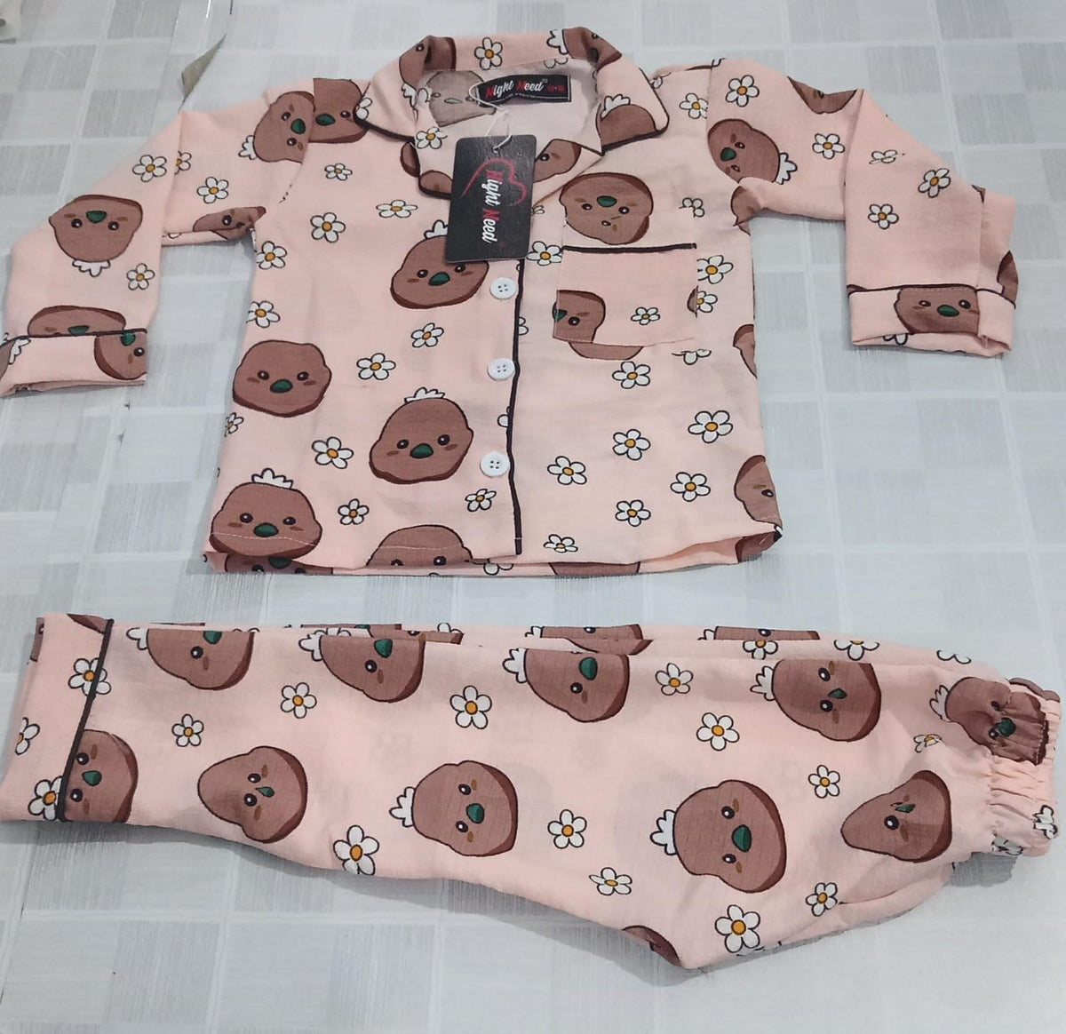 Kids Cute Cartoon Animal Printed Crinkled Cotton Night Suit