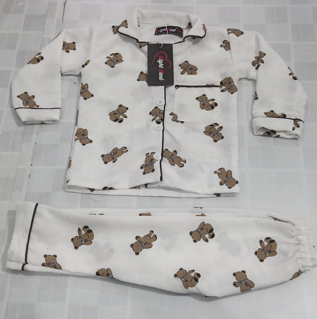 Kids Brown Teddy Bear Printed Crinkled Cotton Night Suit