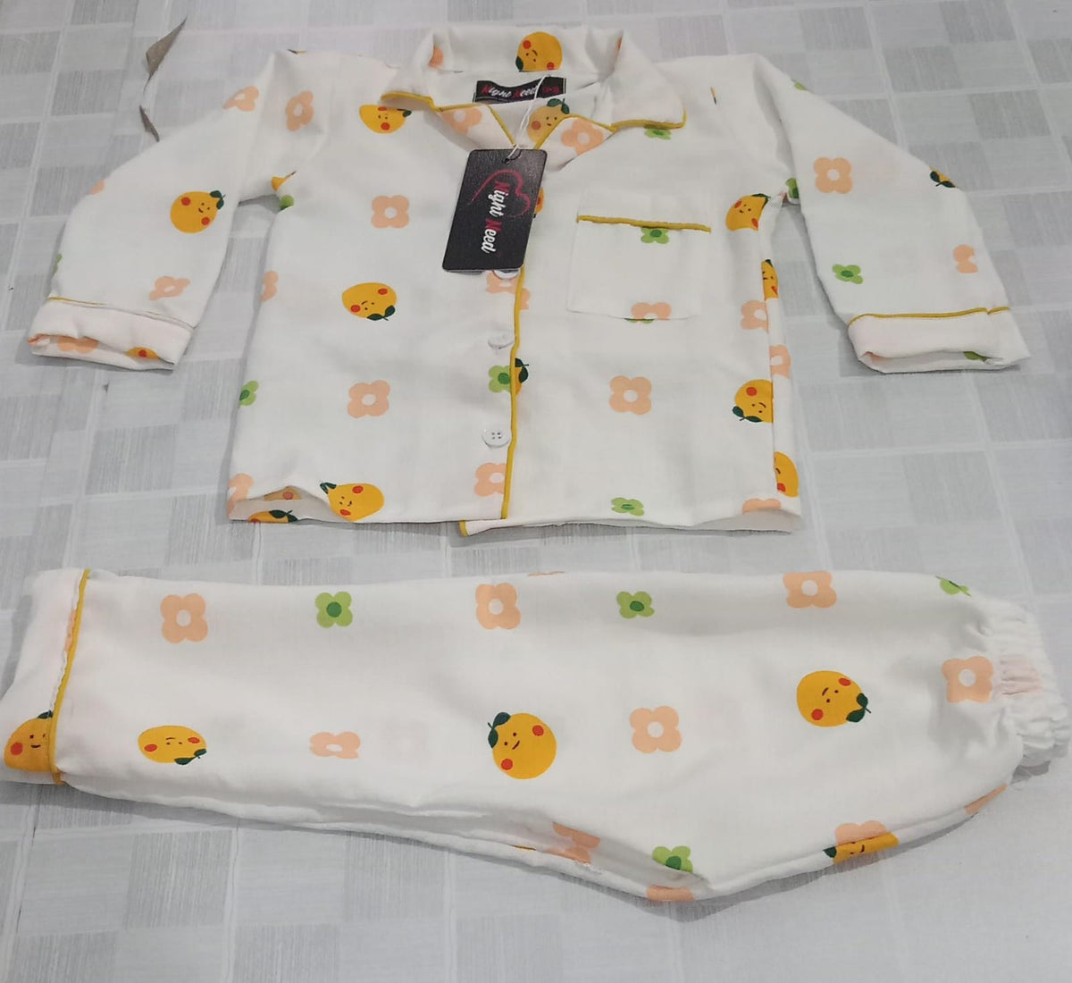 Kids Orange Fruit Printed Crinkled Cotton Night Suit