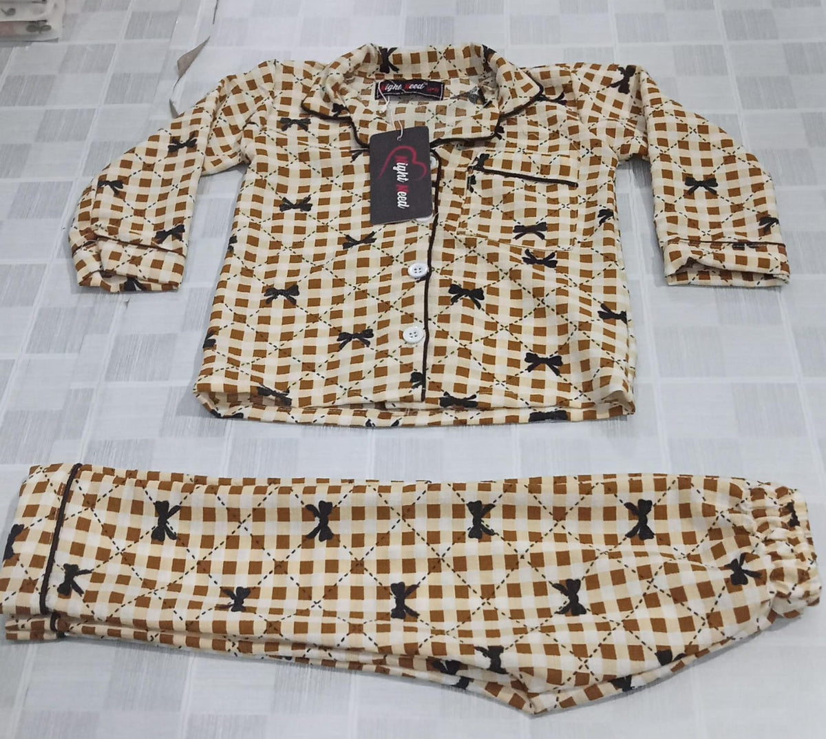 Kids Brown Checkered Printed Crinkled Cotton Night Suit