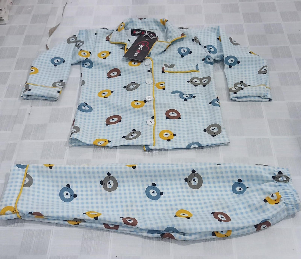 Kids Blue Cartoon Bear Printed Crinkled Cotton Night Suit