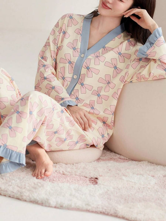 Pink Ribbon V-Neck Button Printed Night Suit