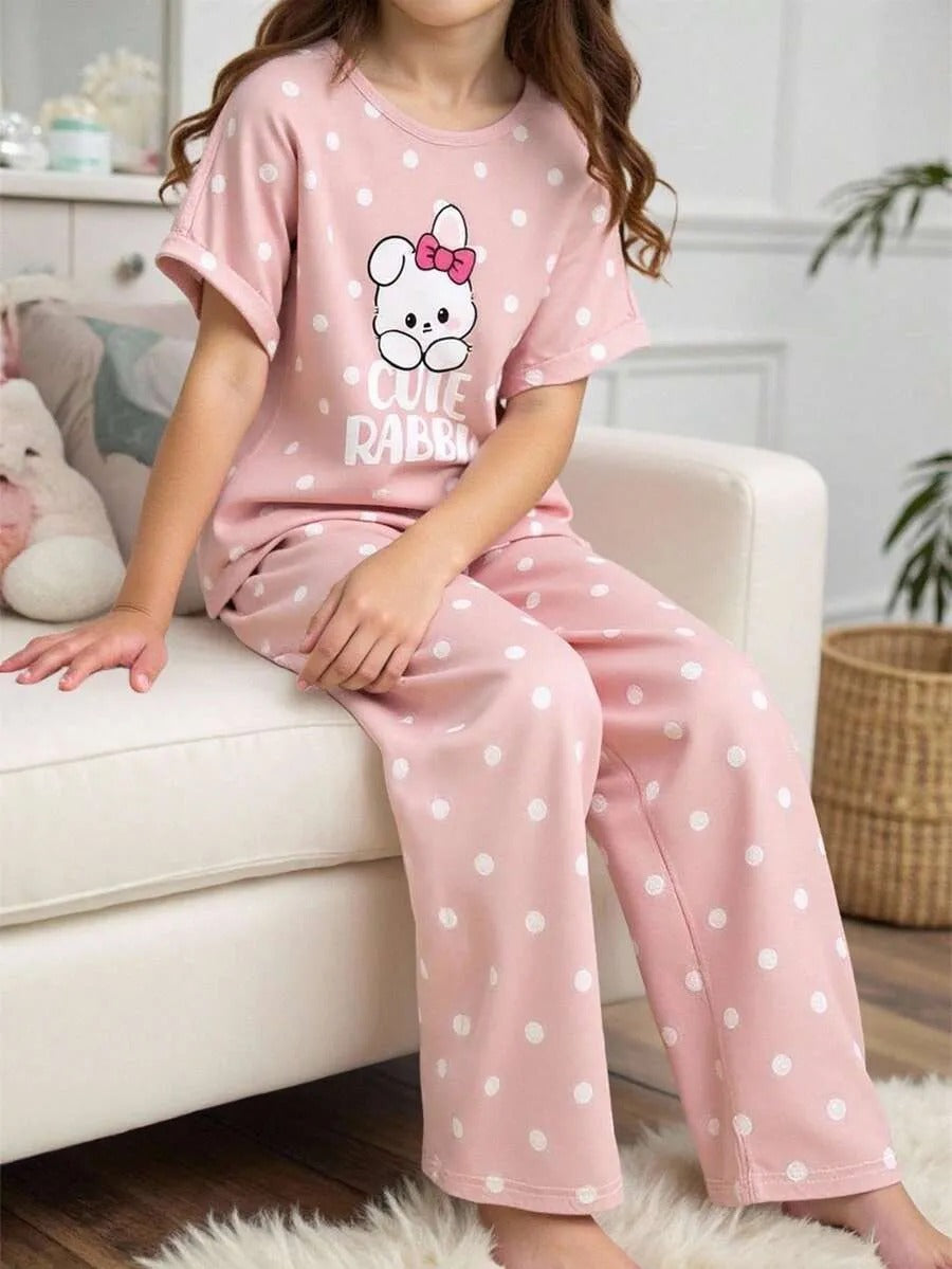 Pink Cute Rabbit Printed Half Sleeve Night Suit (7-16 Years)