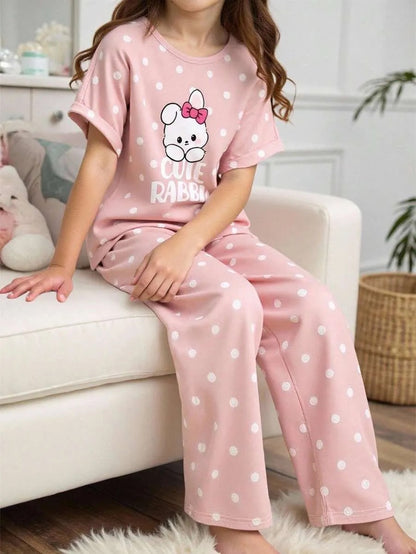 Pink Cute Rabbit Printed Half Sleeve Night Suit (7-16 Years)