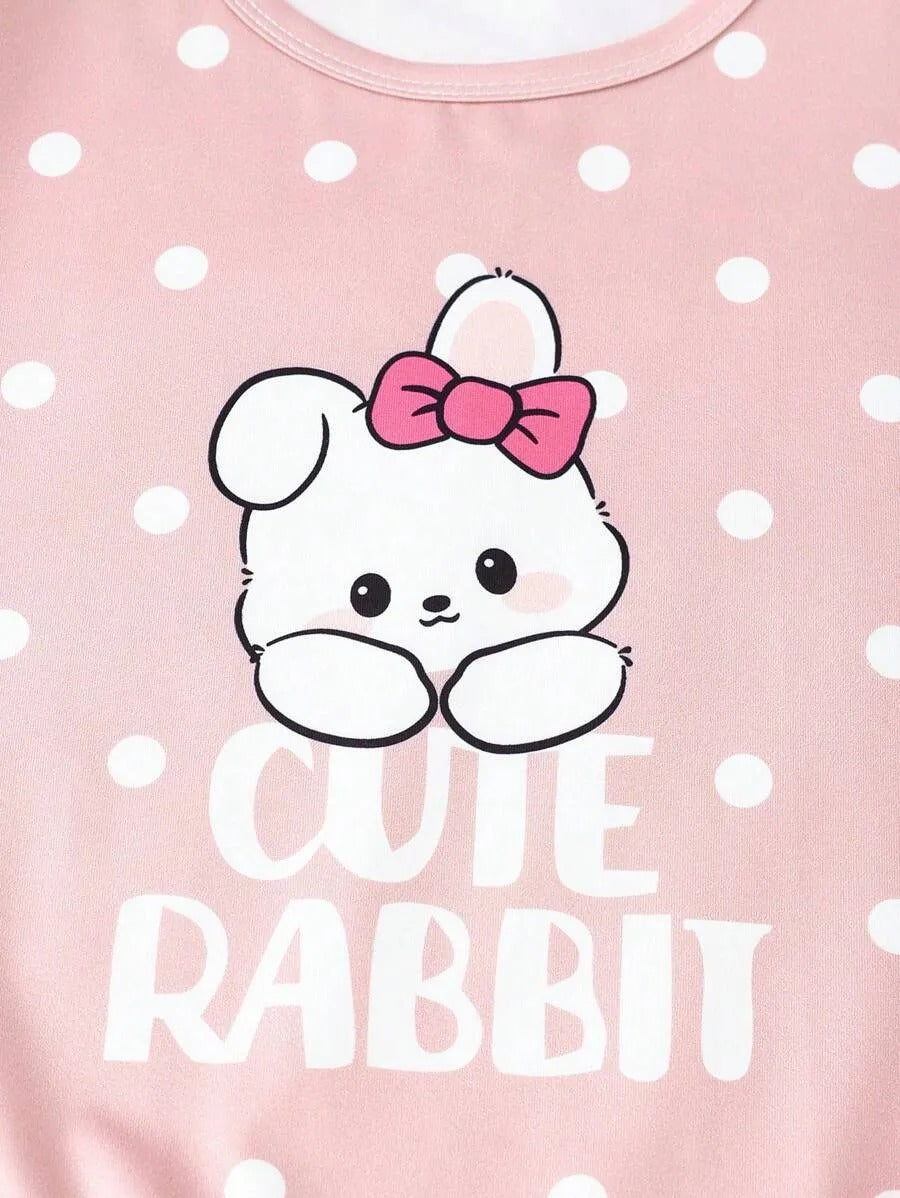 Pink Cute Rabbit Printed Half Sleeve Night Suit (7-16 Years)