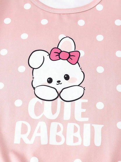 Pink Cute Rabbit Printed Half Sleeve Night Suit (7-16 Years)