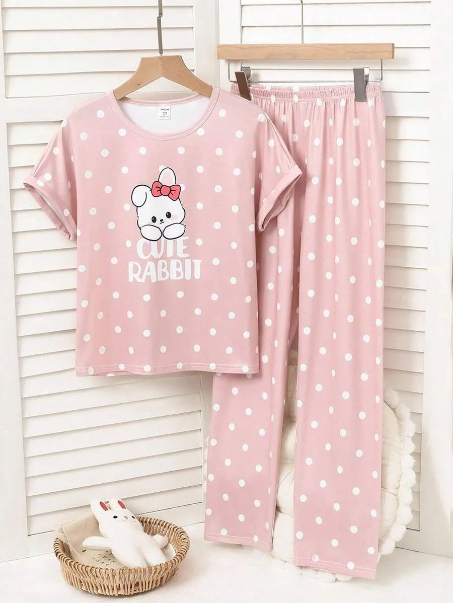 Pink Cute Rabbit Printed Half Sleeve Night Suit (7-16 Years)
