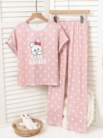 Pink Cute Rabbit Printed Half Sleeve Night Suit (7-16 Years)