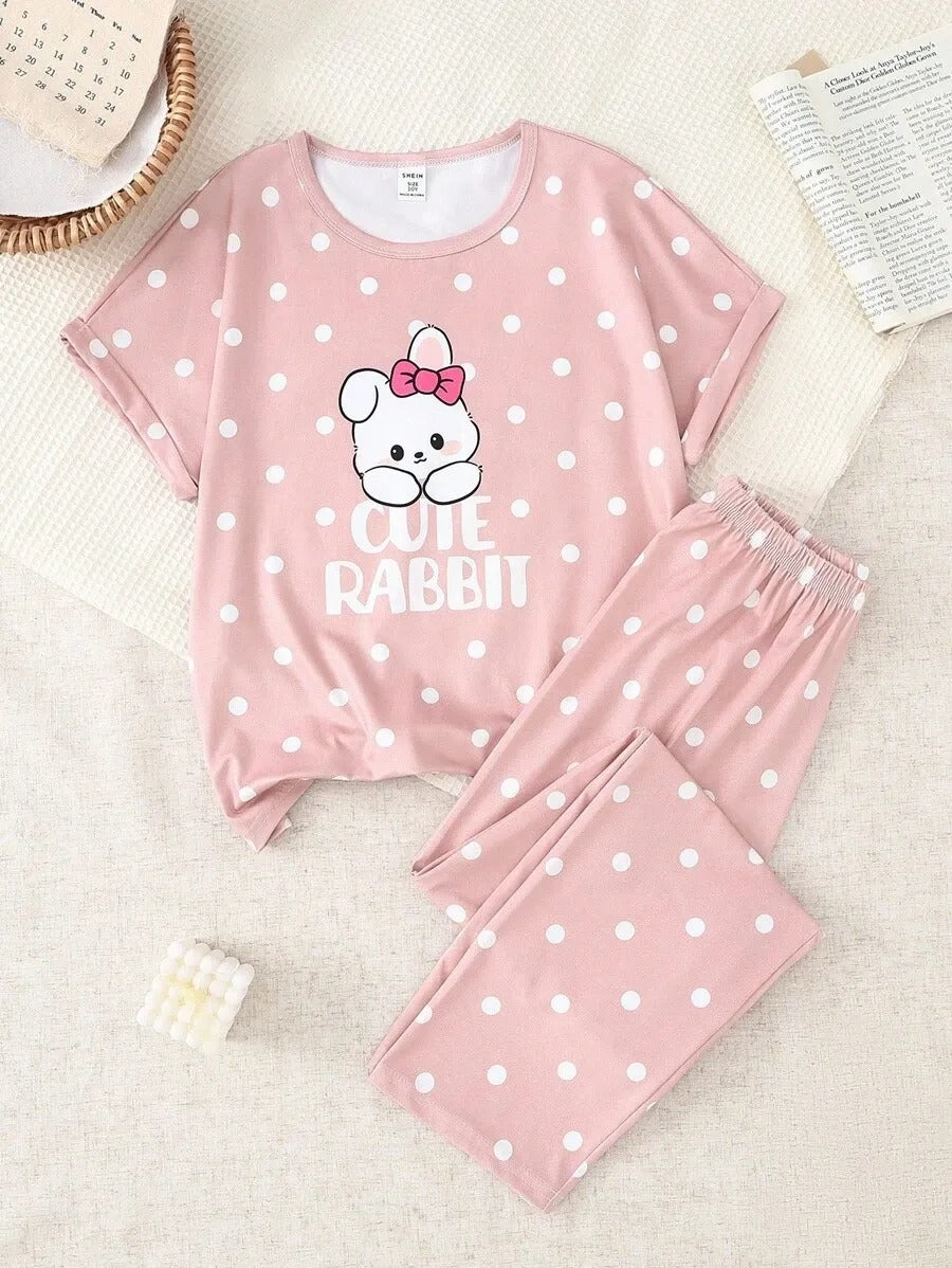 Pink Cute Rabbit Printed Half Sleeve Night Suit (7-16 Years)