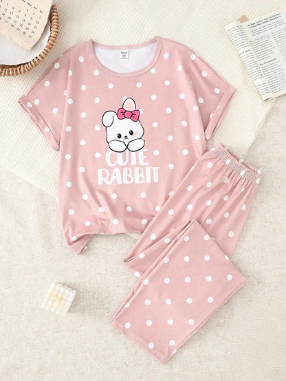 Pink Cute Rabbit Printed Half Sleeve Night Suit (7-16 Years)