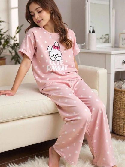 Pink Cute Rabbit Printed Half Sleeve Night Suit (7-16 Years)