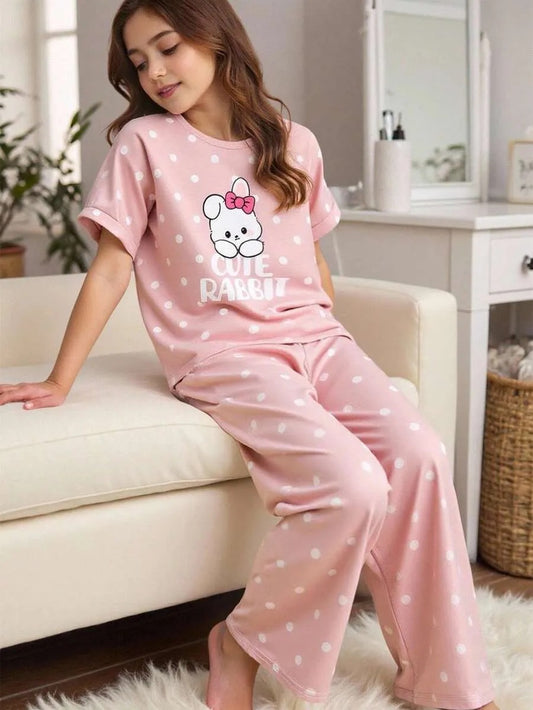 Pink Cute Rabbit Printed Half Sleeve Night Suit (7-14 Years)