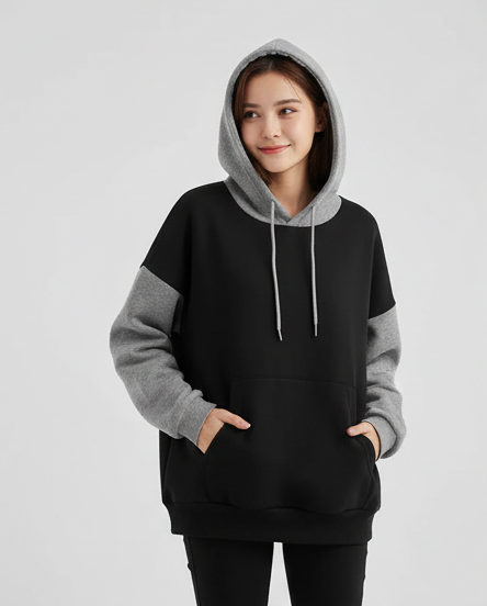 Winter Black With Grey Basic Hoodie For Women