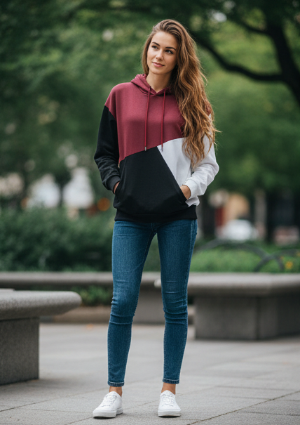 Winter Maroon Black Hoodie For Women