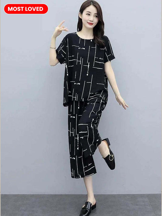 Black Capri Printed Night Suit