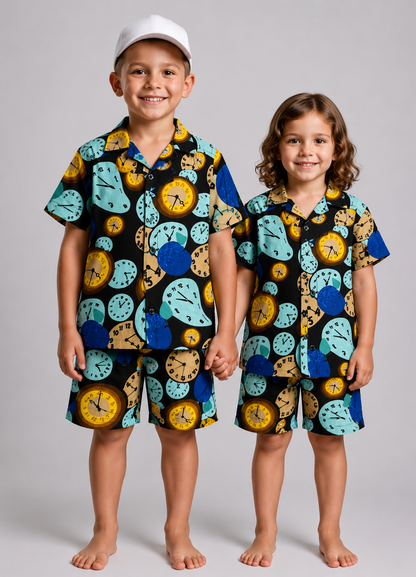 Little Clock Kids Linen Half Sleeve Tee & Shorts Set