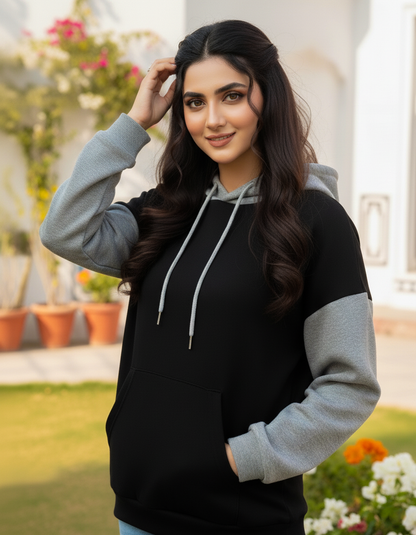 Winter Black With Grey Basic Hoodie For Women