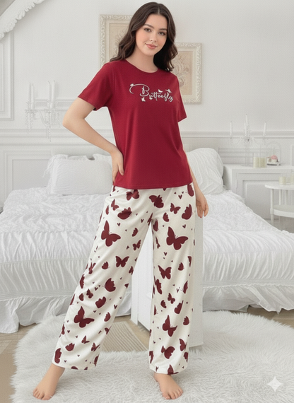 Red Butterfly Printed Half Sleeve Night Suit (7-16 Years)