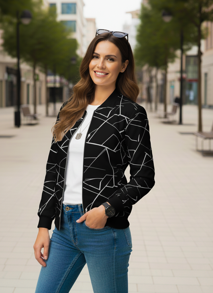 Winter Black Geo Printed Jacket For Women