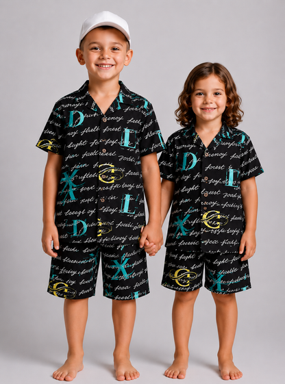 Black Letter Kids Linen Half Sleeve Tee & Shorts Set