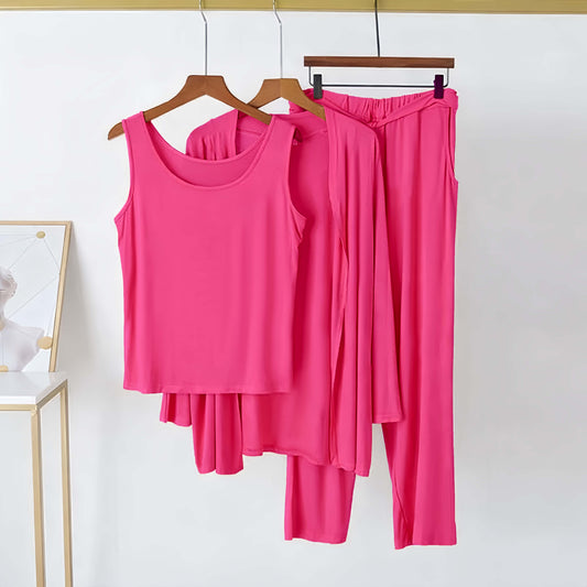 3 Piece Hot Pink Plain Nightwear